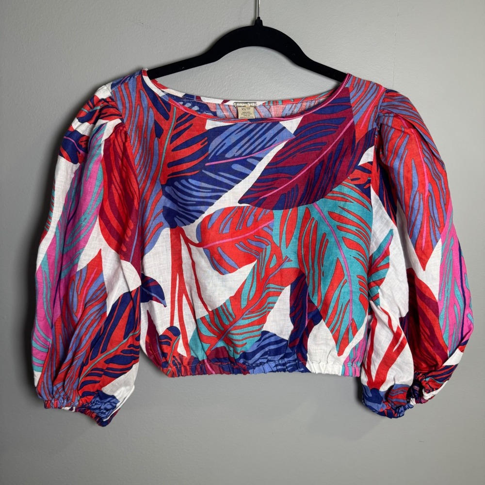 Magaschoni Womens XS 100% Linen Tropical Leaf Puff Sleeve Crop Top Red Blue